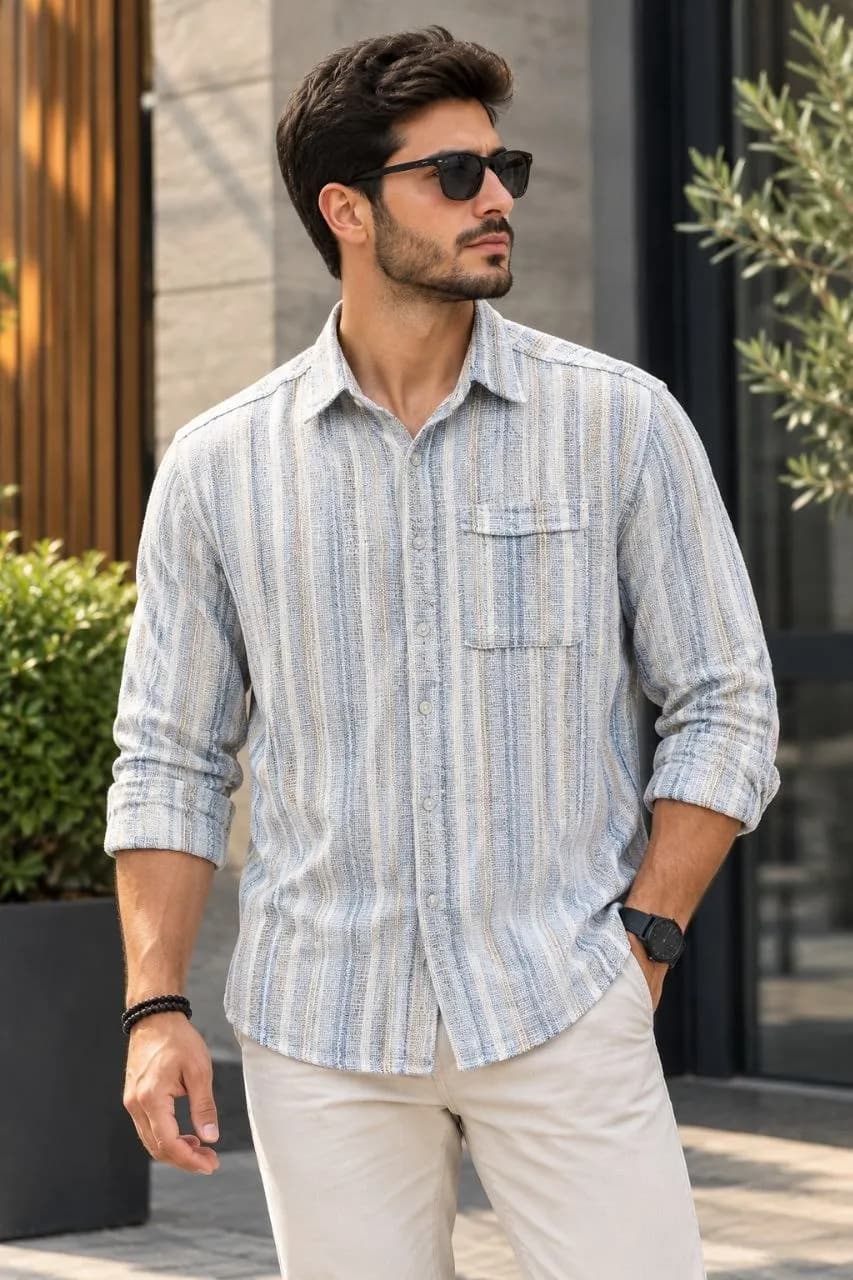 پیراهن کنف راه دار بلند مردانه کد 9809 2