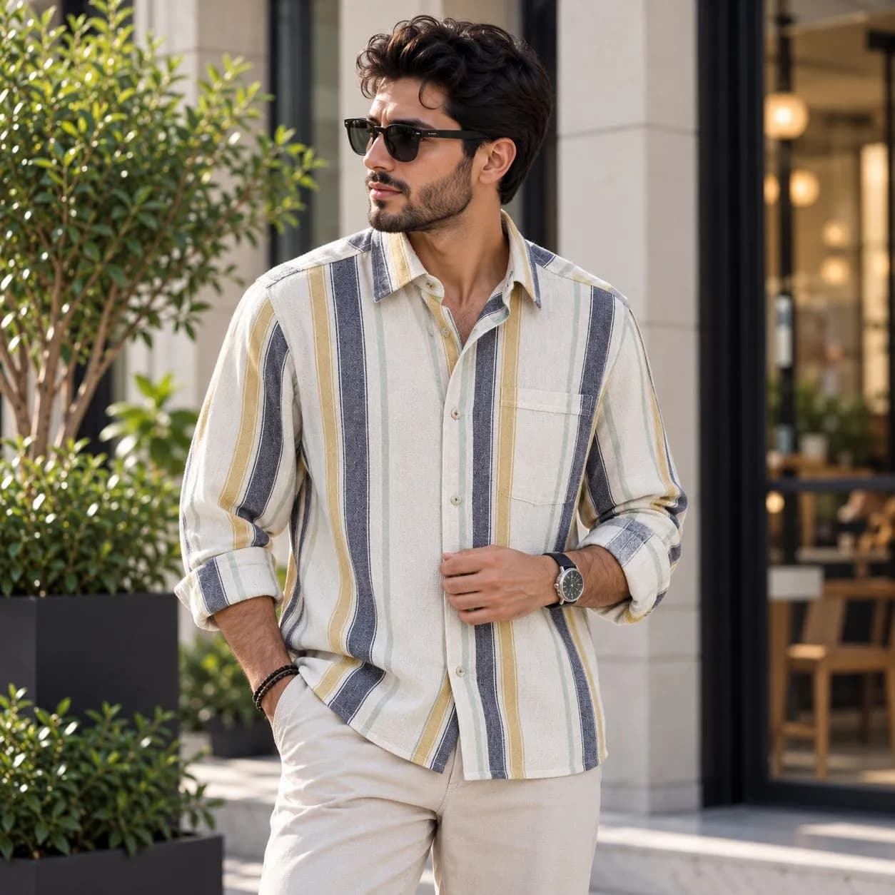 پیراهن کنف راه دار مردانه کد 8805 3