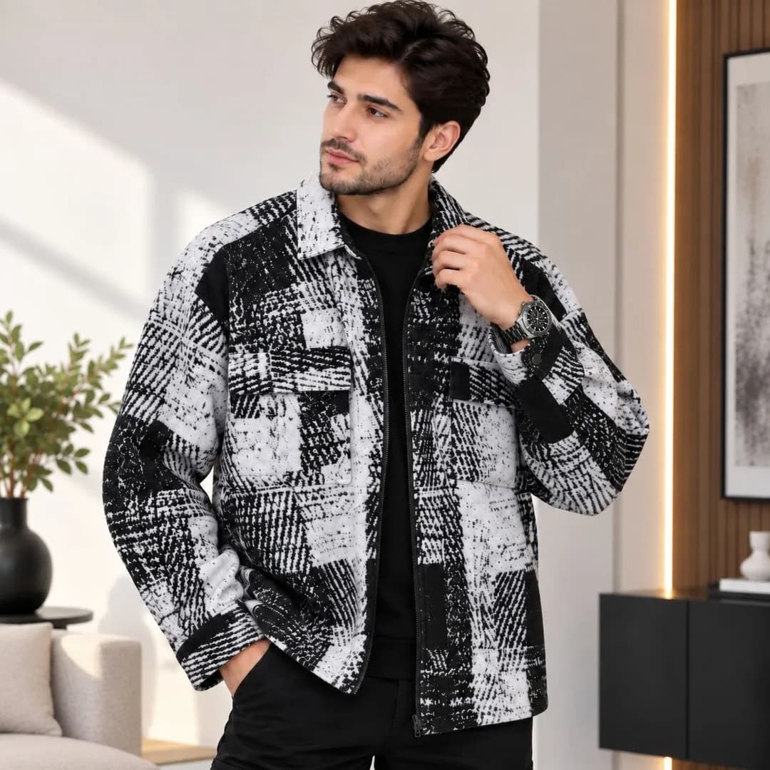 سویشرت زیپ‌دار طرح چهارخانه مردانه
