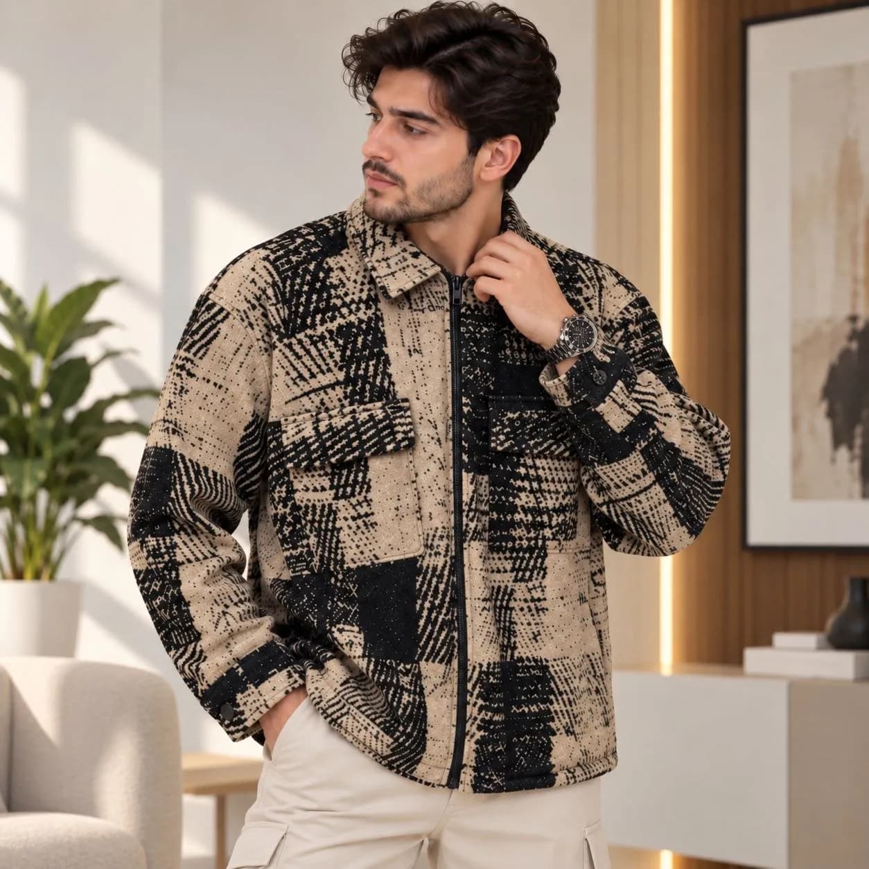 سویشرت زیپ‌دار طرح چهارخانه مردانه 3