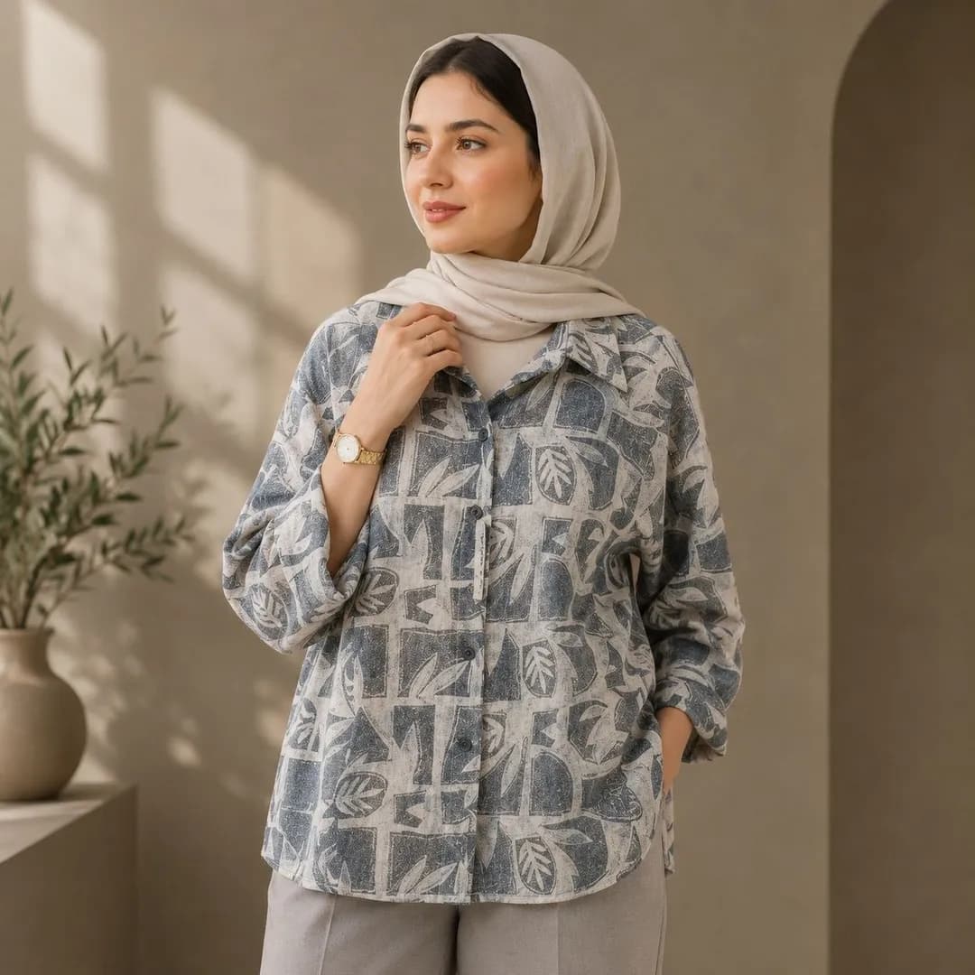 شومیز زنانه طرح برگ دکمه‌دار یقه کلاسیک کد 105
