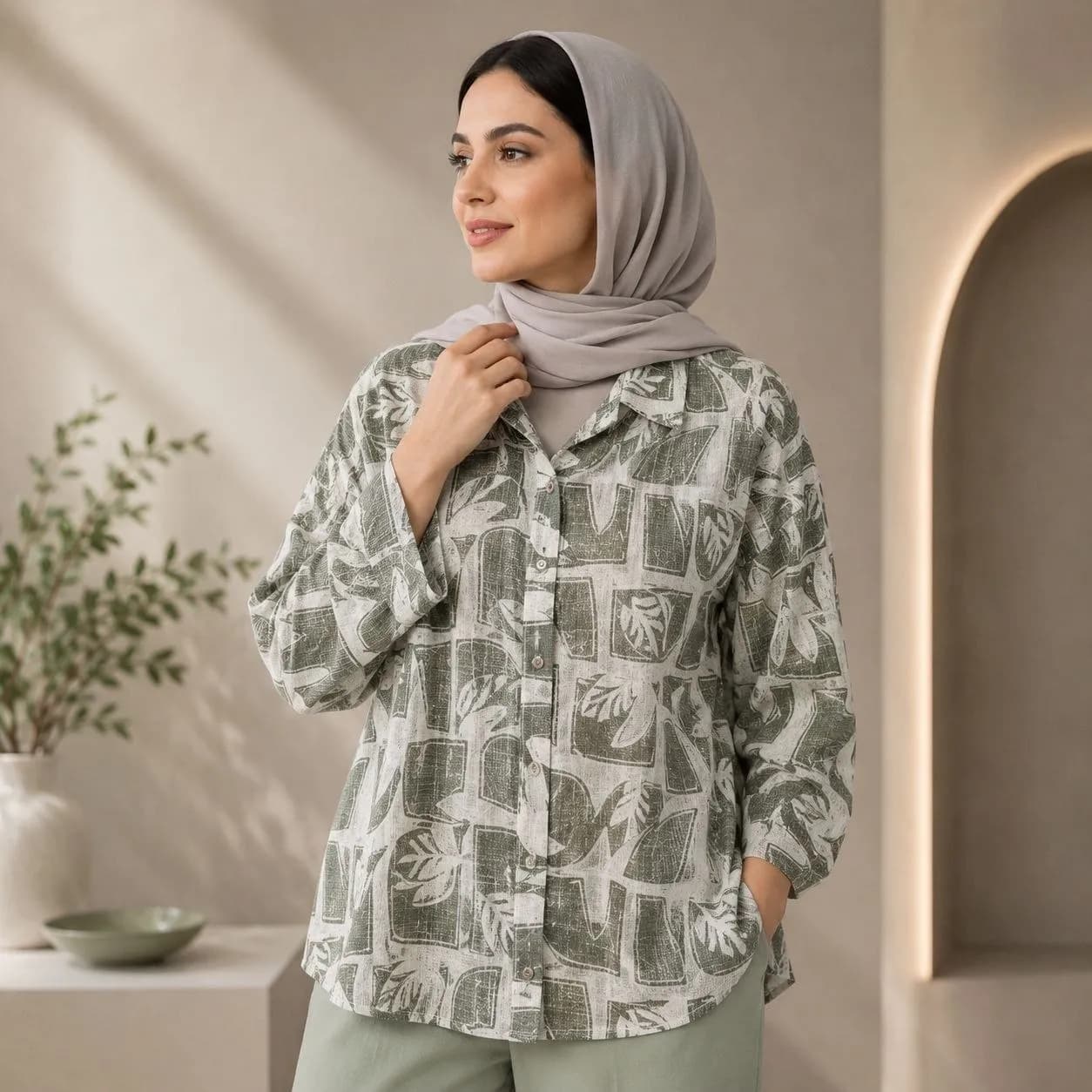 شومیز زنانه طرح برگ دکمه‌دار یقه کلاسیک کد 105 2