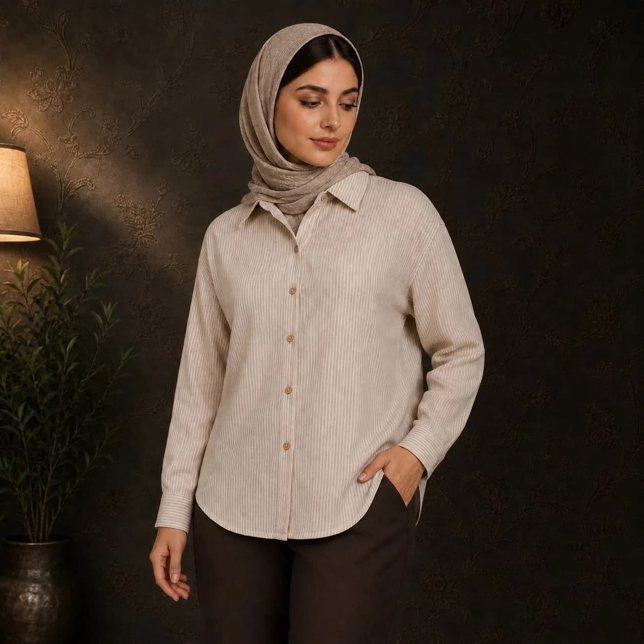 شومیز زنانه بلند راه‌راه دکمه‌دار یقه کلاسیک 2