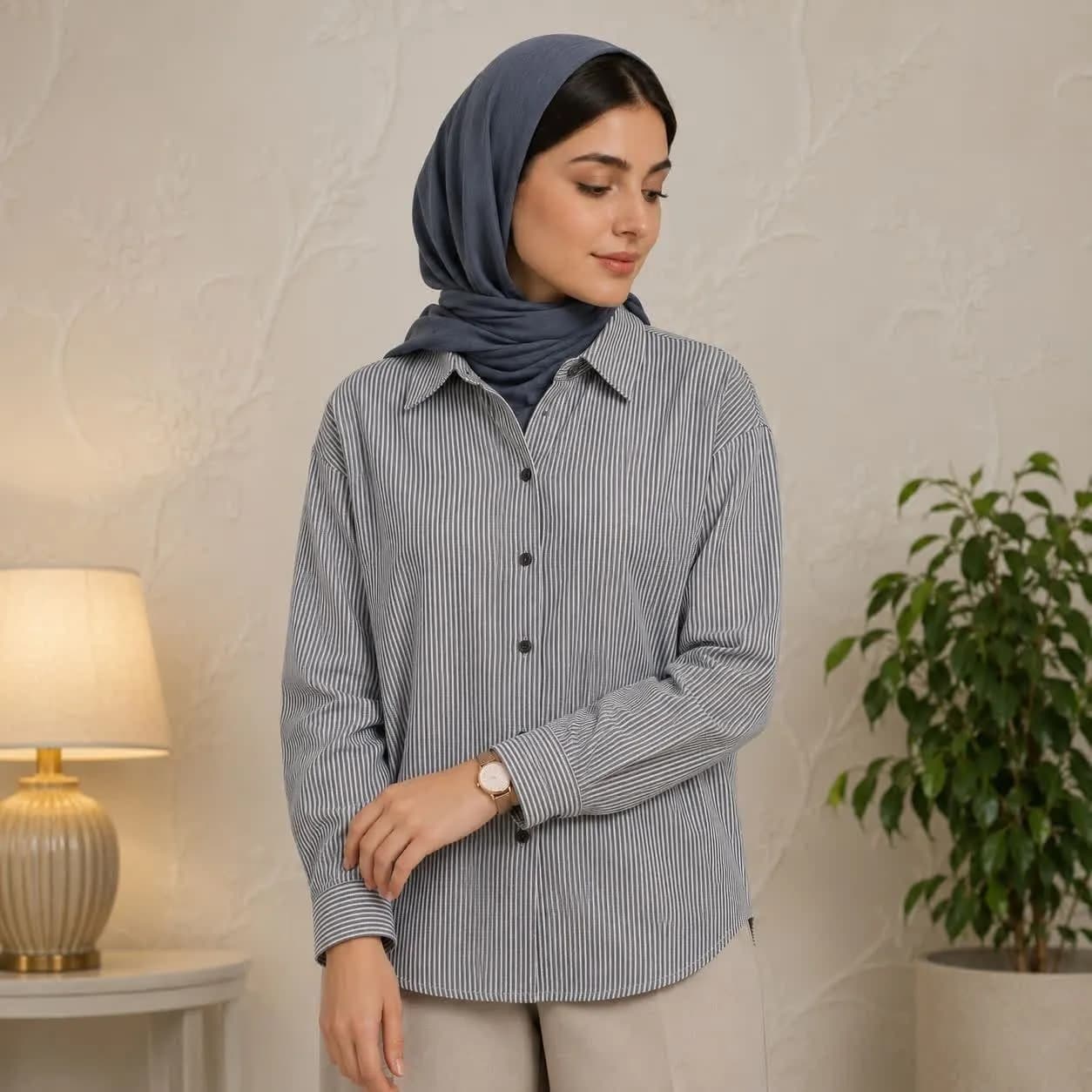 شومیز زنانه بلند راه‌راه دکمه‌دار یقه کلاسیک 3