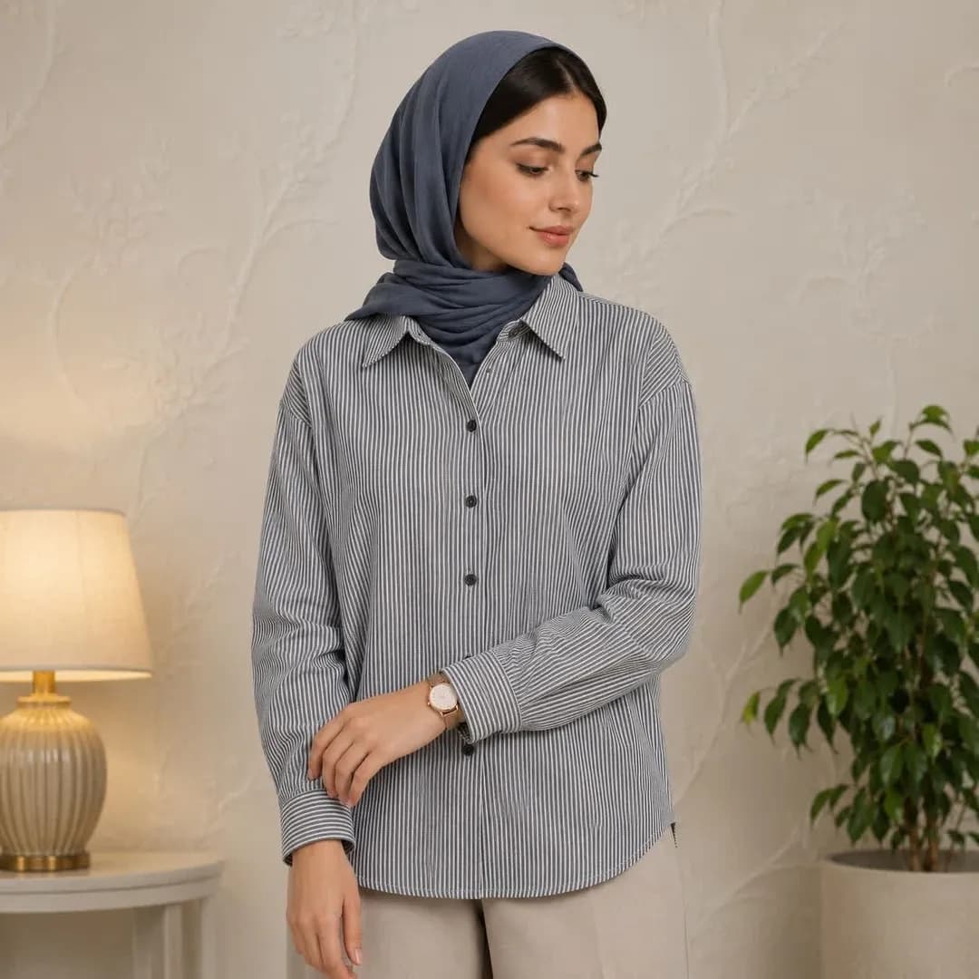 شومیز زنانه بلند راهراه دکمهدار یقه کلاسیک